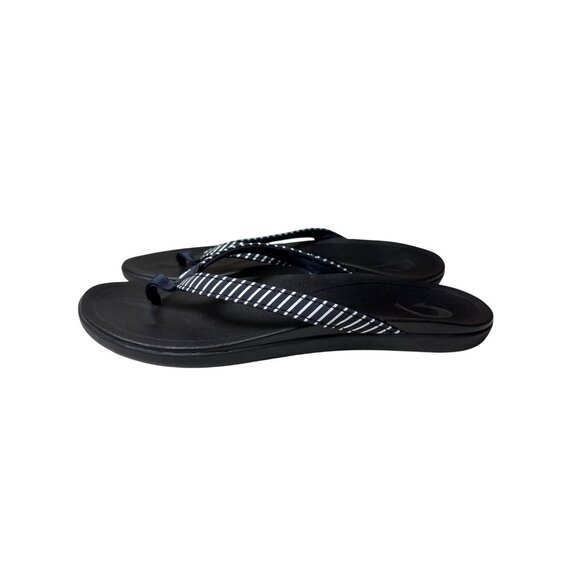 OluKai Ho'Opio Flip Flops Sandal Size 6 Black Onyx Stripe Beach Minimal Comfort - Picture 4 of 9